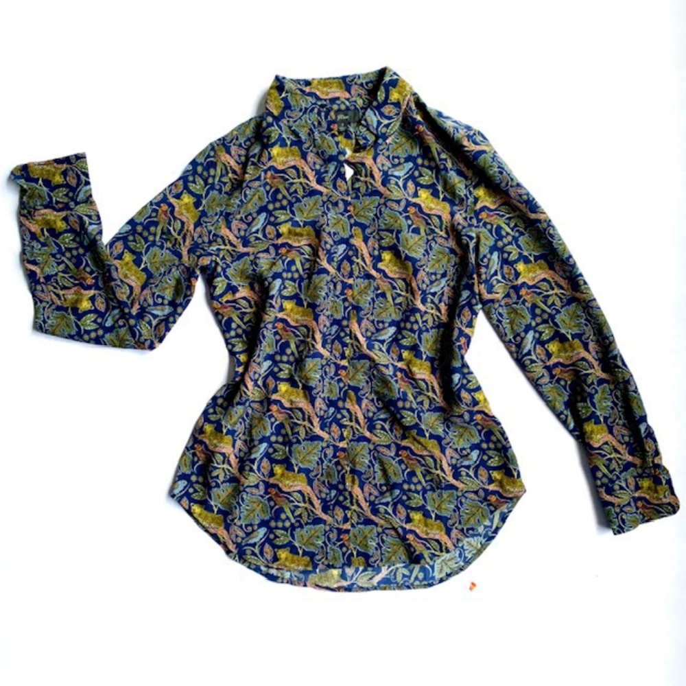 J Crew Navy Silk Blouse with Animal Print (NWT)
